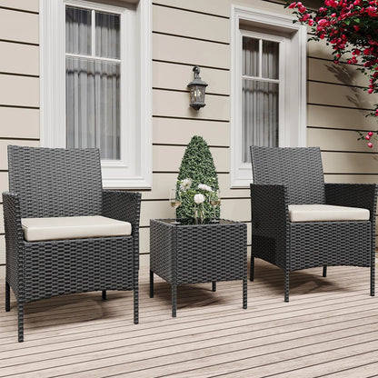 Balkonset 3-Teilig Schwarz – Wetterfeste Polyrattan Sitzgruppe mit Kissen & Glastisch fuer Balkon, Terrasse & Garten