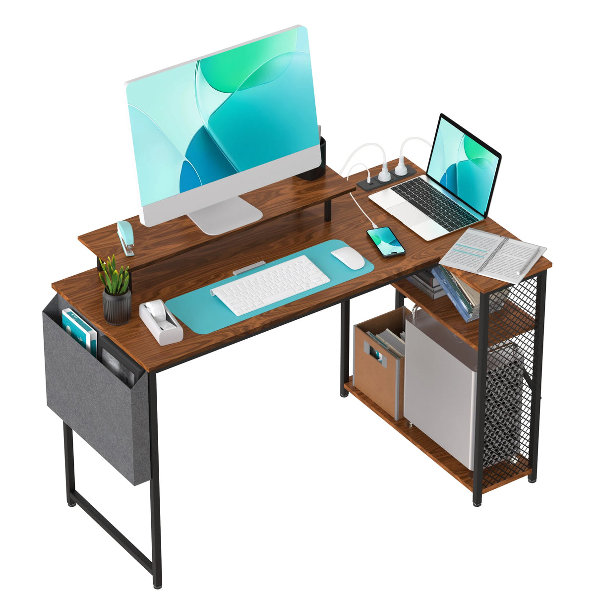 L-förmiger Eckschreibtisch 120 cm Holzoptik – Platzsparender Computertisch mit Steckdosen & Regalen