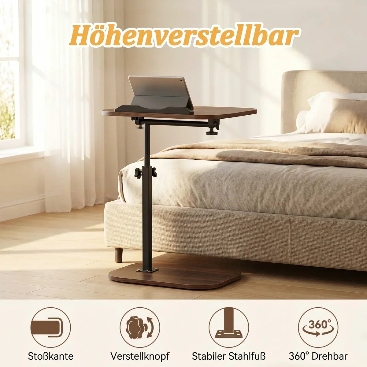 Beistelltisch Höhenverstellbar Holz 360° – Flexibler Pflegetisch Laptoptisch Couch