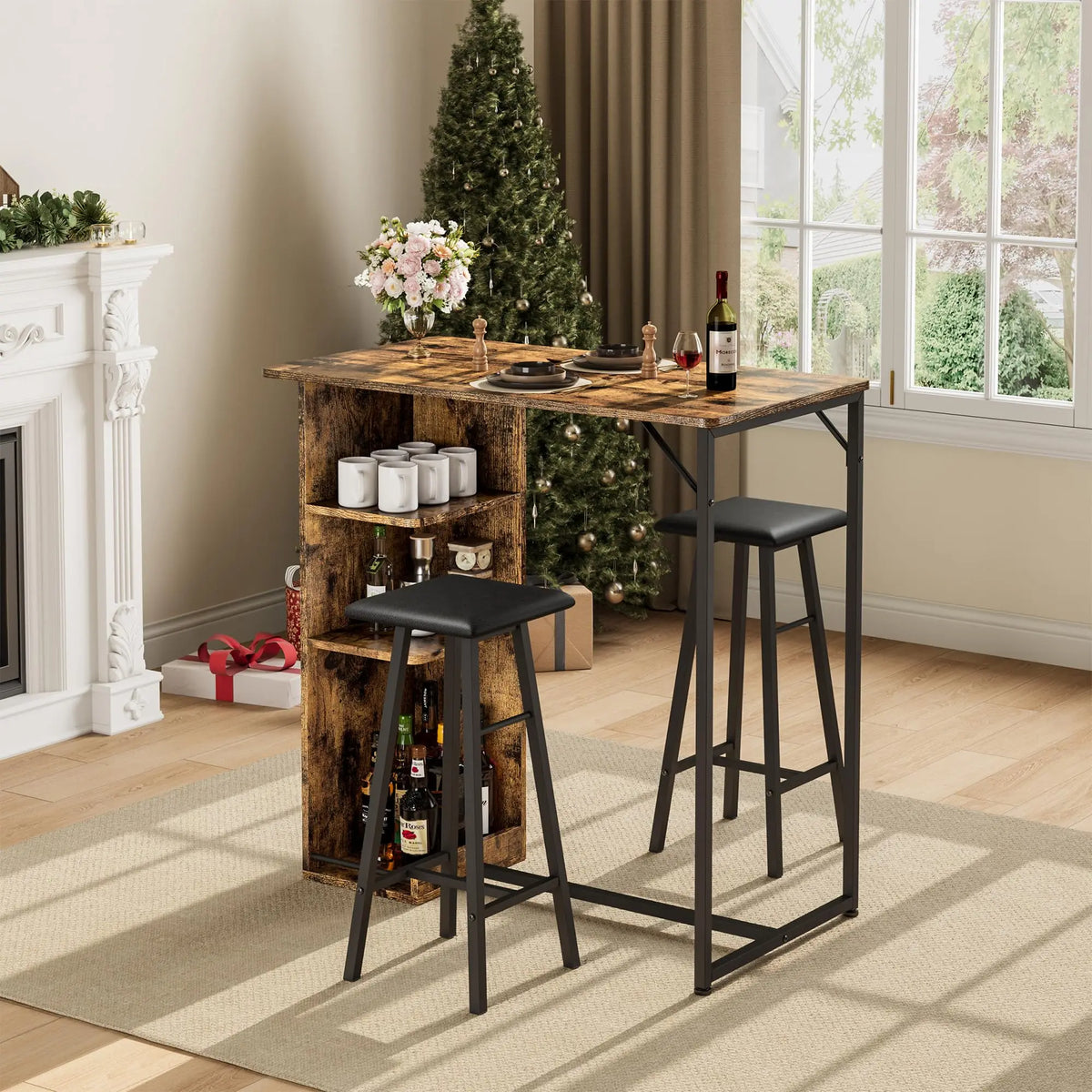 Bartisch Set 3-teilig mit Regal Schwarz – Kompakter Stehtisch mit 2 Barhockern für kleine Küche