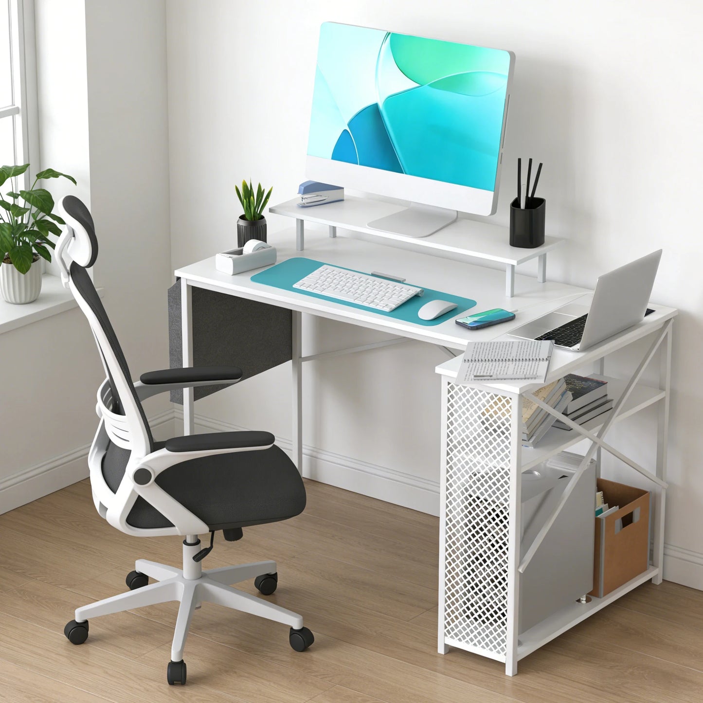 L-förmiger Eckschreibtisch 120 cm Holzoptik – Platzsparender Computertisch mit Steckdosen & Regalen