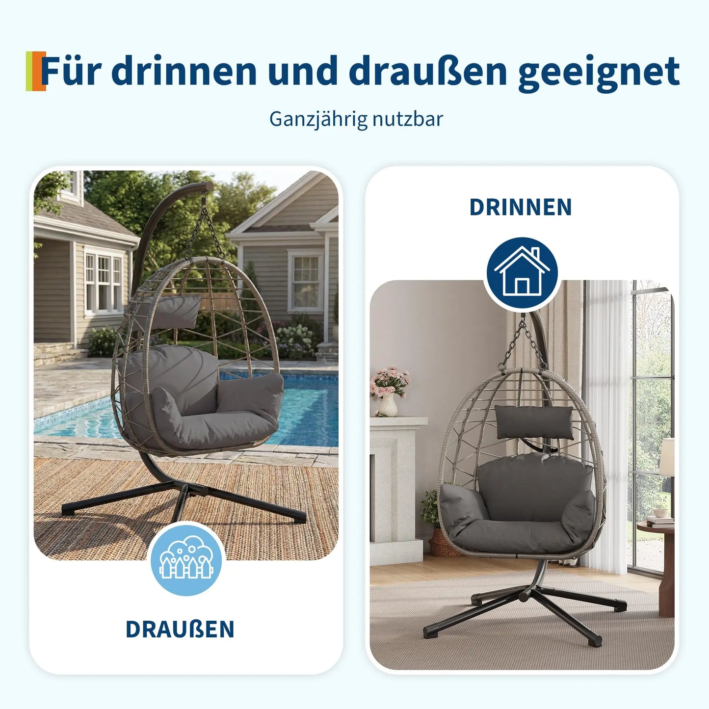 Haengesessel Outdoor Schwarz – Moderner Haengestuhl Ei-Form mit Gestell, Kissen & Schutzhuelle bis 130kg
