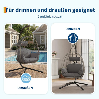 Haengesessel Outdoor Schwarz – Moderner Haengestuhl Ei-Form mit Gestell, Kissen & Schutzhuelle bis 130kg