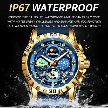 BINBOND Luxus Herrenuhr Blau – Wasserdichte Quarz Armbanduhr mit Chronograph & Datum
