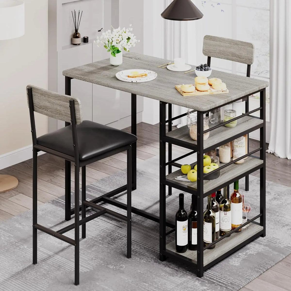 Modernes Stehtisch Set mit 2 Barhockern – Kompakte Esstisch Garnitur mit Regal für Küche