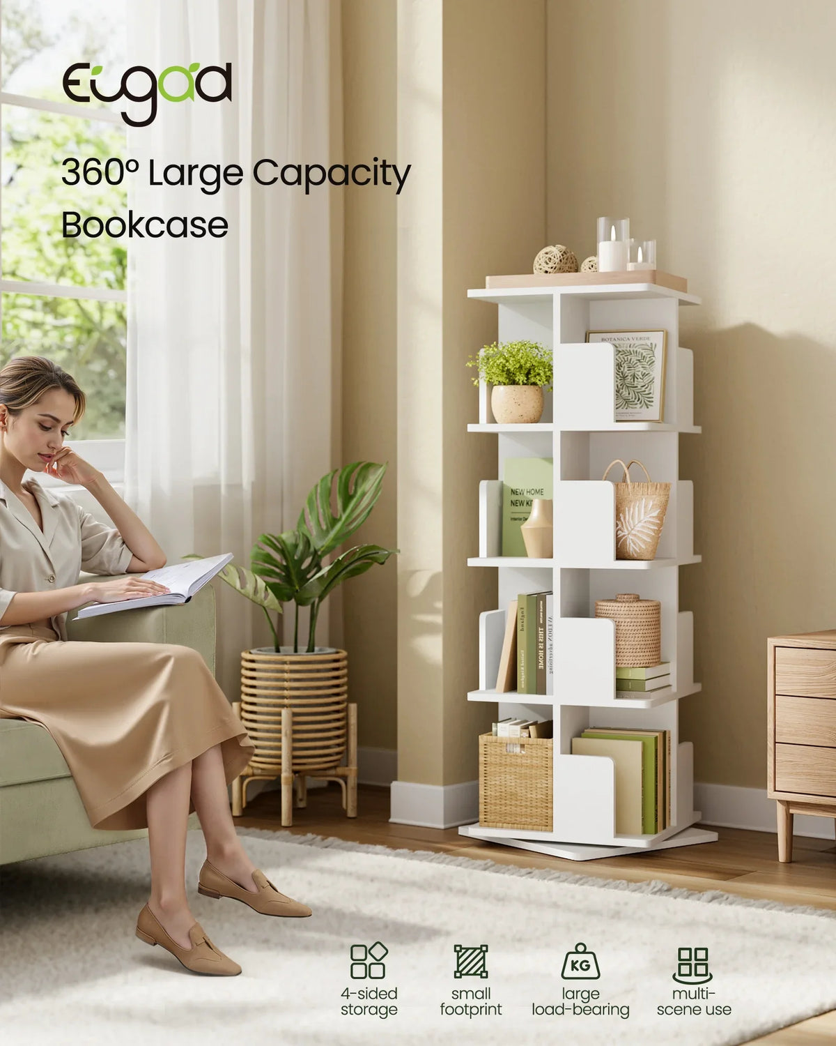 Drehbares Bücherregal Weiß 4 Etagen 128 cm – Standregal 360 Grad Drehbar Raumteiler