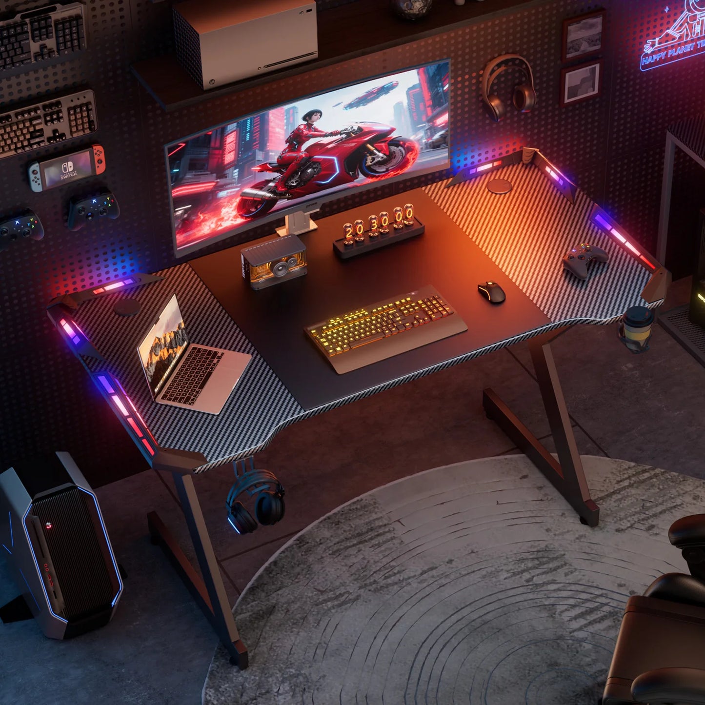 Gaming Schreibtisch LED Schwarz 120 cm – Ergonomischer PC Tisch mit Haken & Becherhalter
