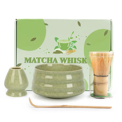 Matcha Set 4-teilig Grün – Traditionelle Matcha Schale mit Bambusbesen & Besenhalter
