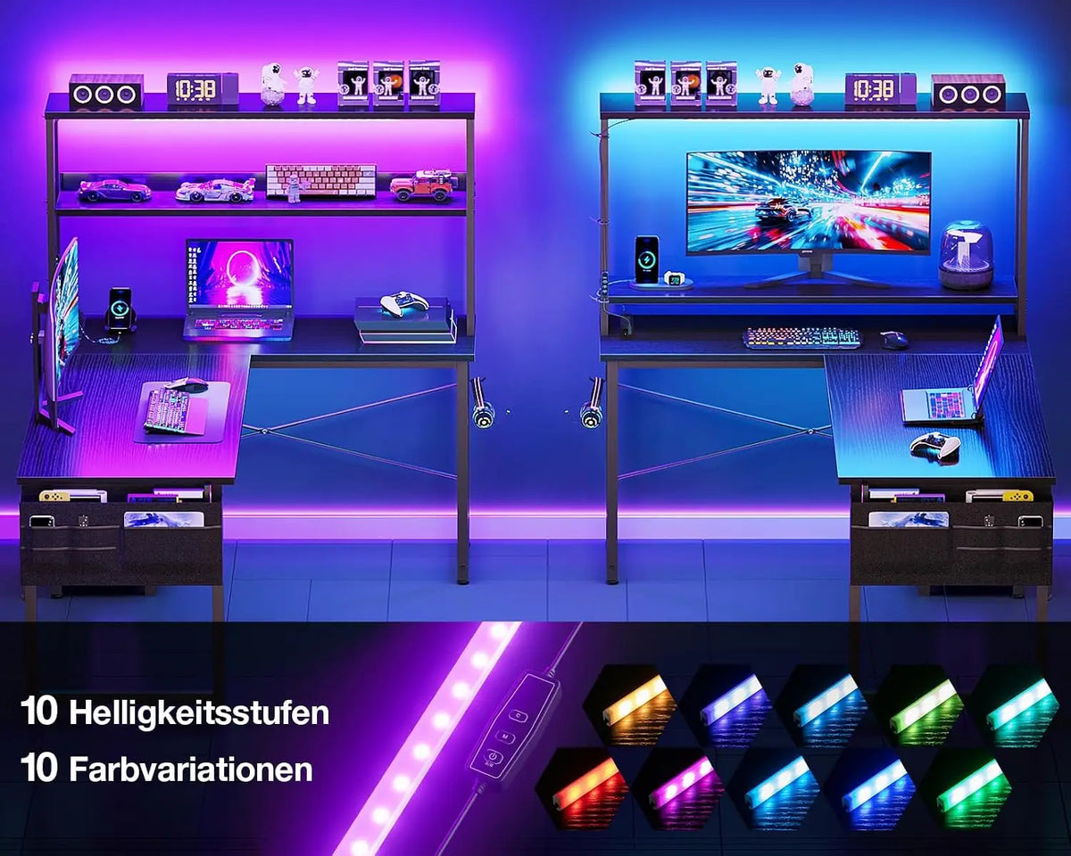 L-förmiger Gaming Schreibtisch LED Schwarz 135 cm – Eckschreibtisch mit Monitoraufsatz & Steckdosen