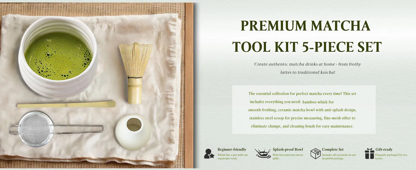 Matcha Set 5-teilig Keramik Grün – Traditionelles Matcha Tee Set mit Bambusbesen & Sieb