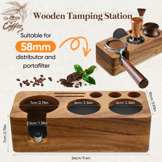 Tamping Station Holz 51-58mm – Siebträger Organizer mit Einstellbarer Höhe & Zubehör-Halterung