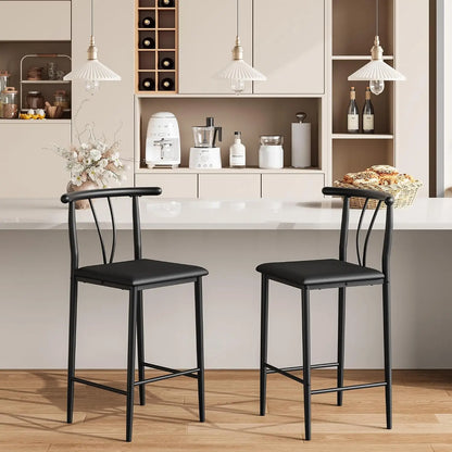 Barhocker 2er Set Schwarz – Moderne Tresenstuehle aus Kunstleder mit Metallgestell & Fussstütze fuer Kueche & Bar