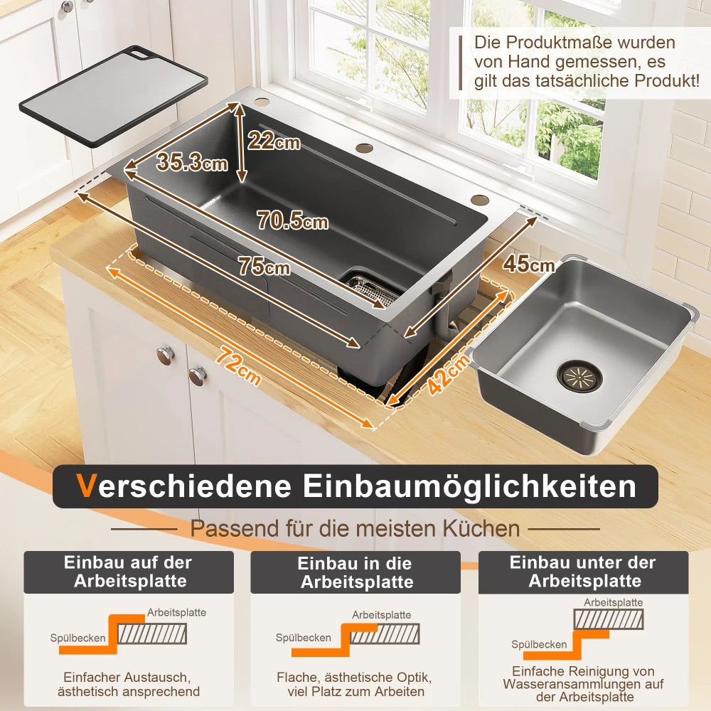 Edelstahl Spülbecken 75x45cm Wasserfall mit Schneidebrett – PVD Einbauspüle Einzelbecken