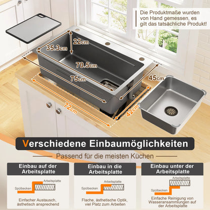 Edelstahl Spülbecken 75x45cm Wasserfall mit Schneidebrett – PVD Einbauspüle Einzelbecken