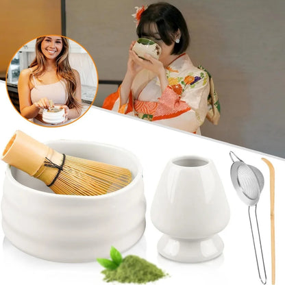 Matcha Set 5-teilig Keramik Grün – Traditionelles Matcha Tee Set mit Bambusbesen & Sieb