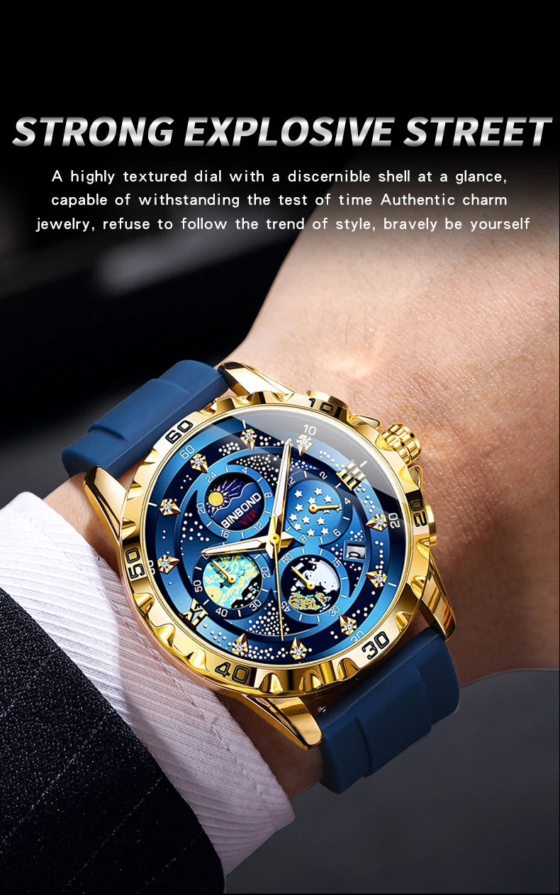 BINBOND Luxus Herrenuhr Blau – Wasserdichte Quarz Armbanduhr mit Chronograph & Datum