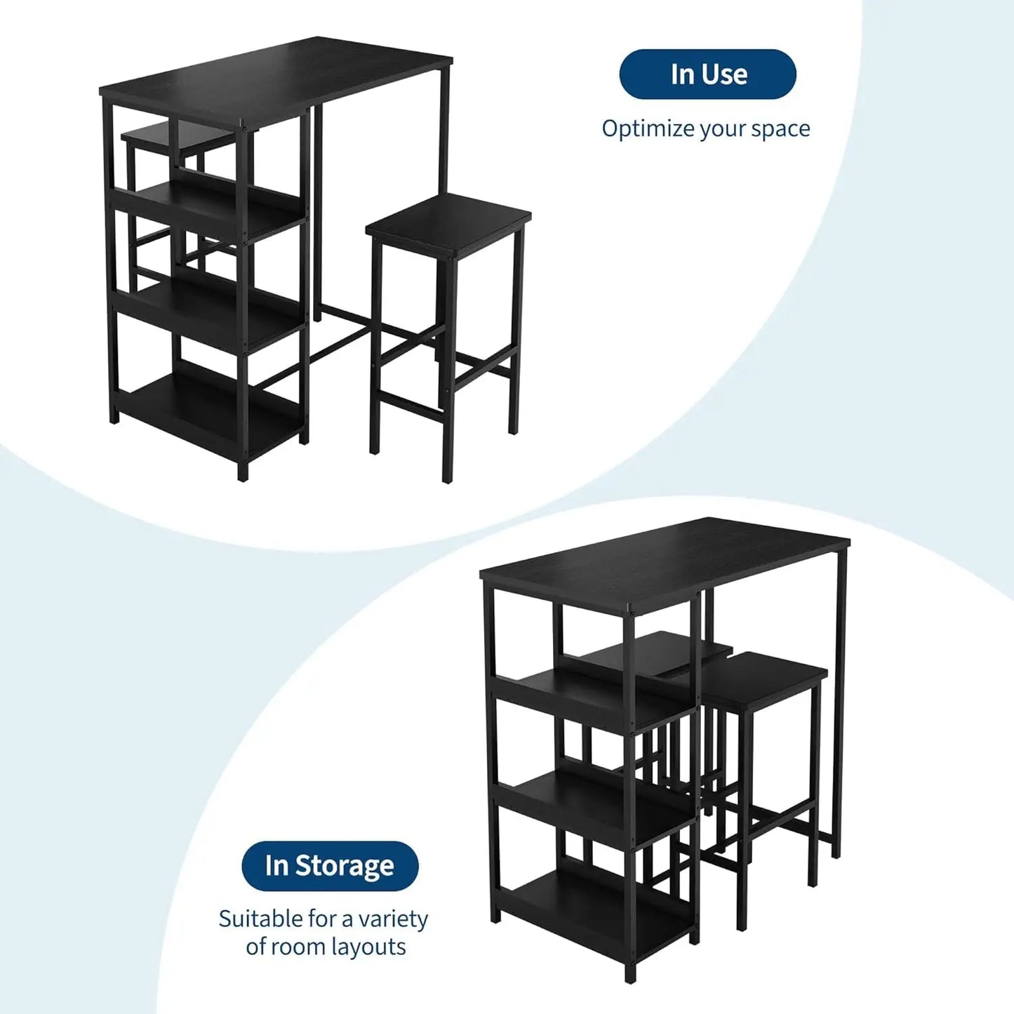 Bartisch Set 3-teilig mit 2 Hockern & Stauraum – Kompakte Sitzgruppe aus Metall & MDF