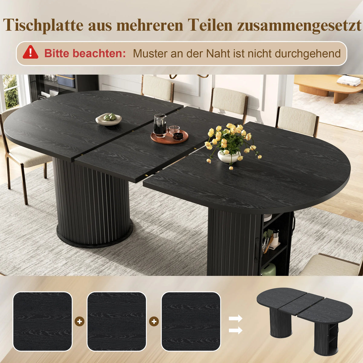 Ausziehbarer Esstisch Metallgestell Schwarz – Moderner Multifunktionstisch mit Staufach
