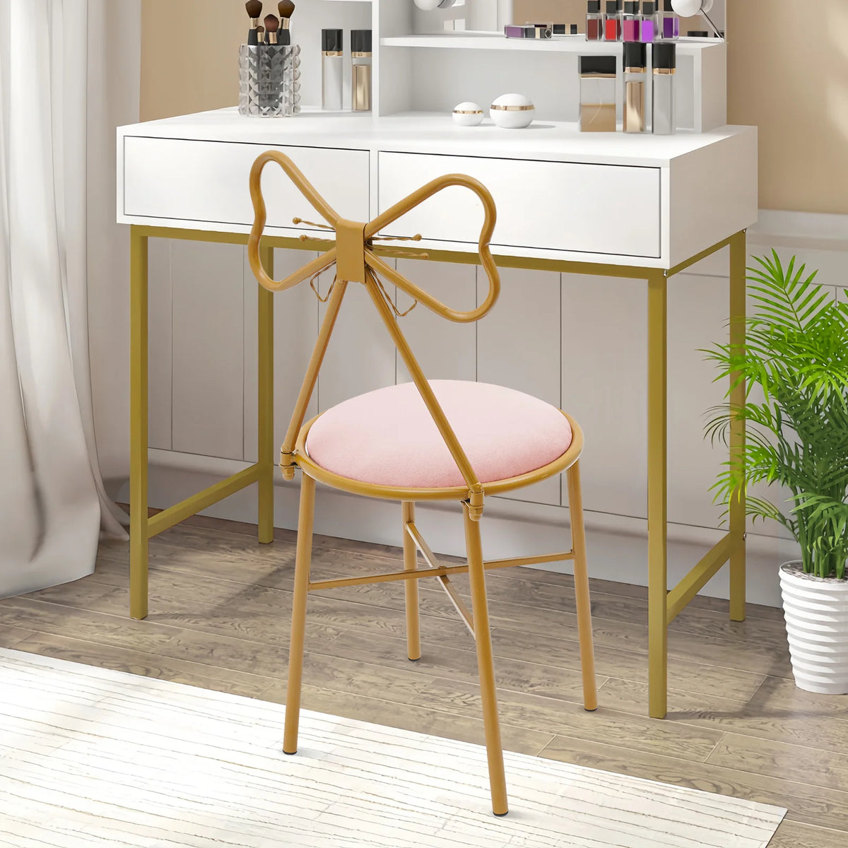 Schminktisch Stuhl Rosa mit Schmetterling Rückenlehne – Moderner Samt Kosmetikstuhl Gold