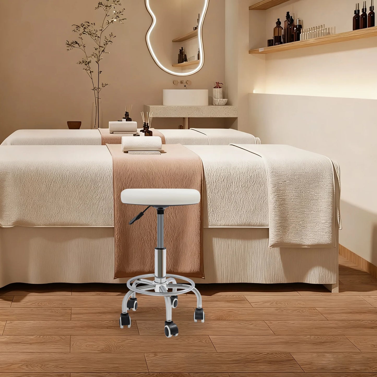 Arbeitshocker mit Rollen Weiss – Höhenverstellbarer Drehhocker aus Kunstleder fuer Kosmetikstudio, Salon & Praxis