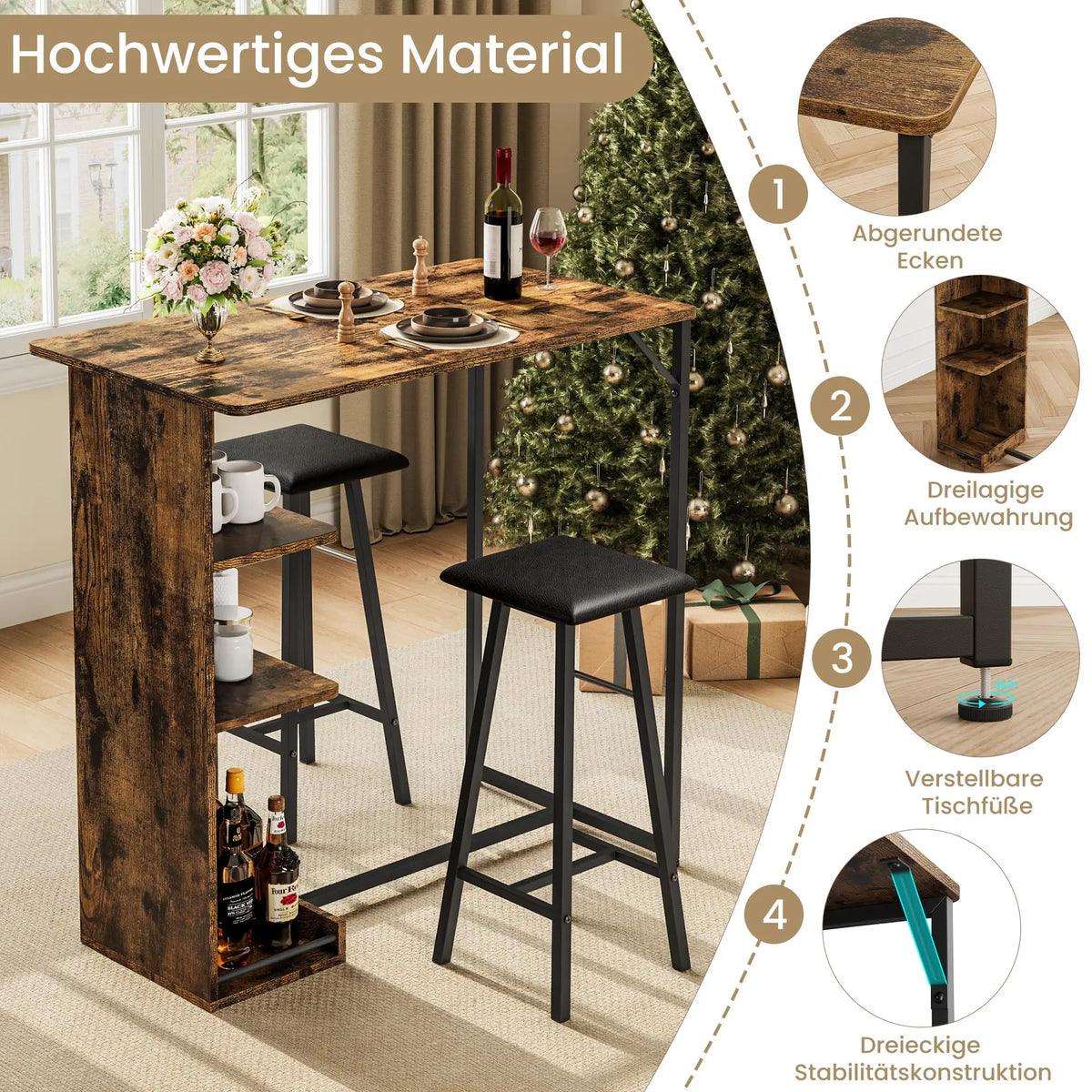 Bartisch Set 3-teilig mit Regal Schwarz – Kompakter Stehtisch mit 2 Barhockern für kleine Küche