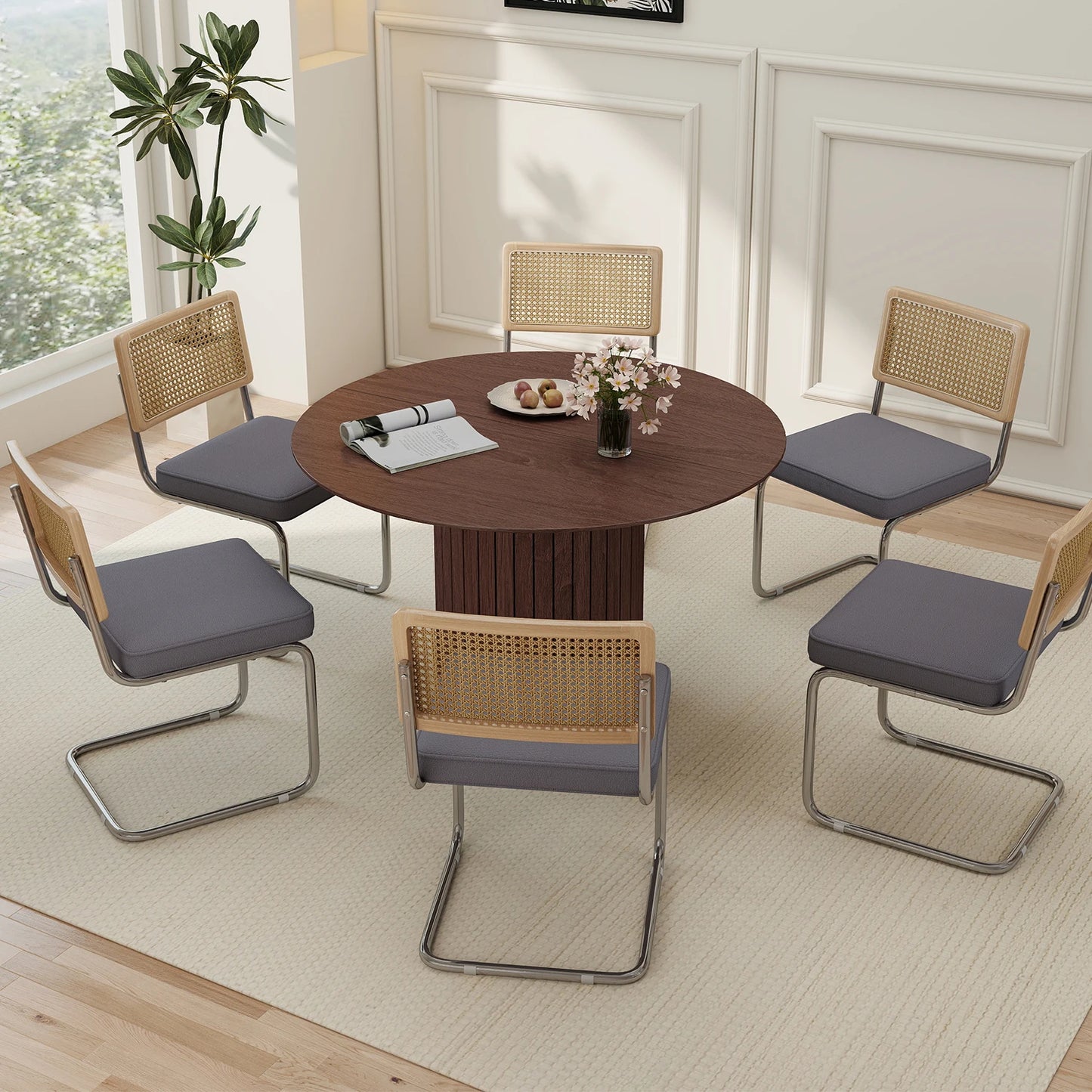 Freischwinger 2er Set Modern – Polsterstuhl Set aus Teddy-Samt & Rattan-Rueckenlehne mit Metallgestell