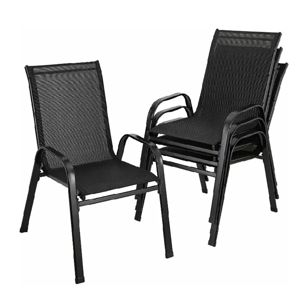 Gartenstuehle 4er Set Schwarz – Moderne Stapelstuehle aus Metall & Teslin fuer Balkon, Terrasse & Garten bis 150kg