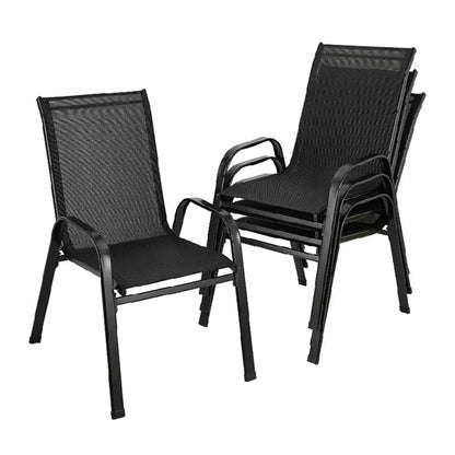 Gartenstuehle 4er Set Schwarz – Moderne Stapelstuehle aus Metall & Teslin fuer Balkon, Terrasse & Garten bis 150kg