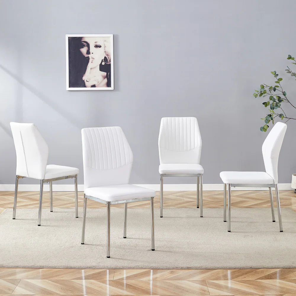 Esszimmerstuhl 4er Set Weiss – Modernes Polsterstuhl Set aus Kunstleder & Metallbeinen in Silber