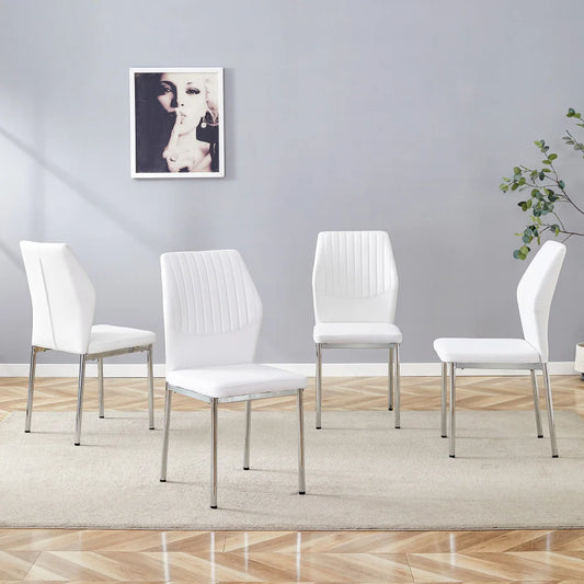 Esszimmerstuhl 4er Set Weiss – Modernes Polsterstuhl Set aus Kunstleder & Metallbeinen in Silber