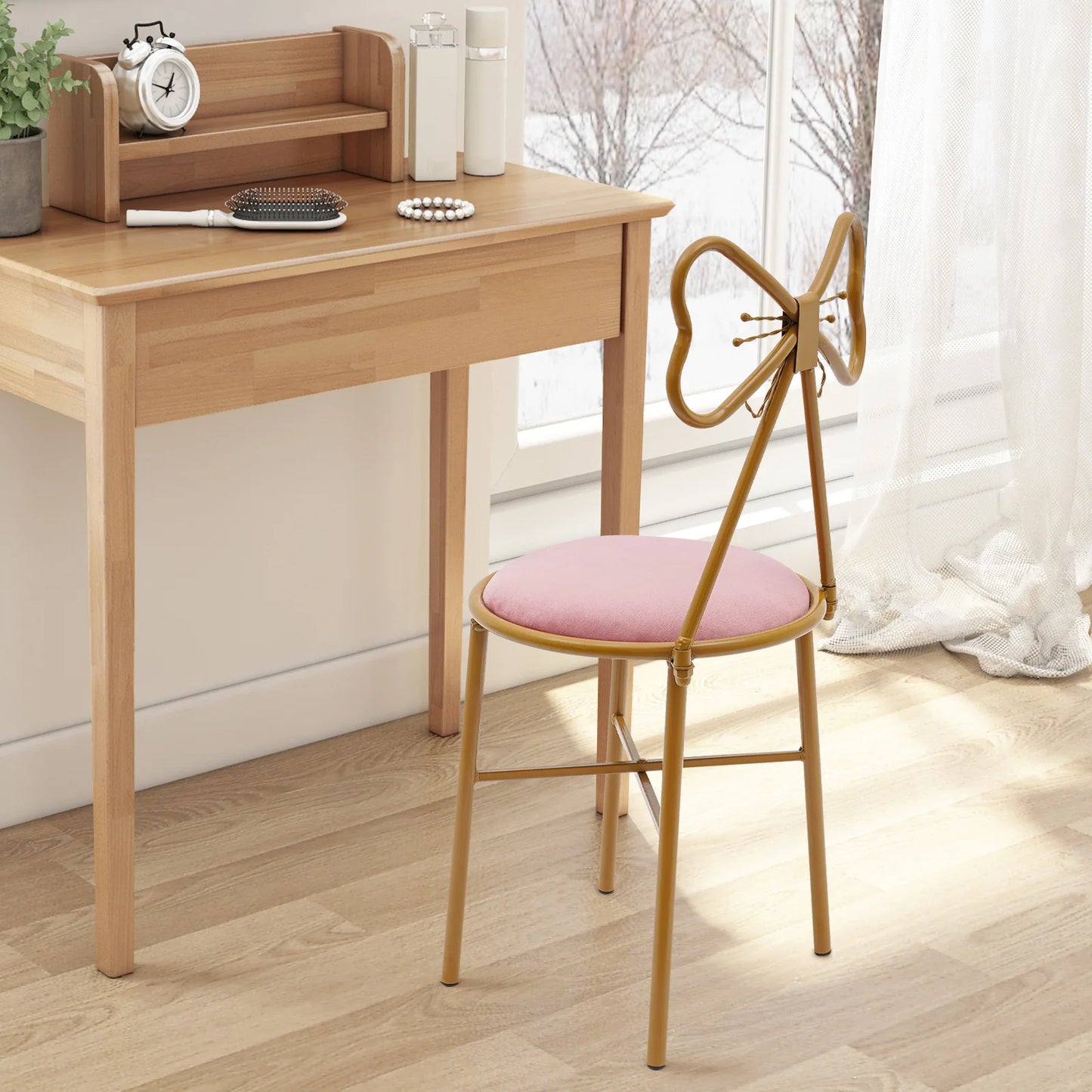 Schminktisch Stuhl Rosa mit Schmetterling Rückenlehne – Moderner Samt Kosmetikstuhl Gold