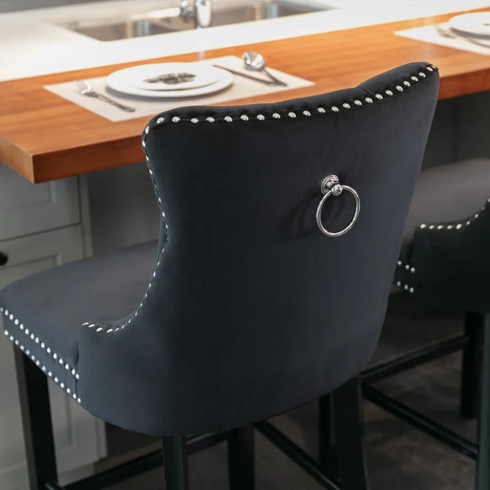 Moderne Samt Barhocker 2er Set mit Nietendekor – Elegante Tresenstühle aus Massivholz