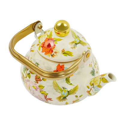 Klassische Enamel Teekanne Blumenmuster 1,5L – Emaillierte Teekanne mit Goldgriff