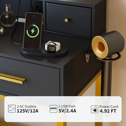 Schminktisch mit LED Beleuchtung Schwarz Gold – Moderner Frisiertisch mit Steckdosen & Spiegel