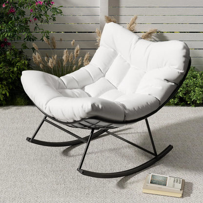 Garten Schaukelstuhl mit Hocker Beige – Wetterfester Rattan Polstersessel fuer Outdoor, Balkon & Terrasse bis 136kg
