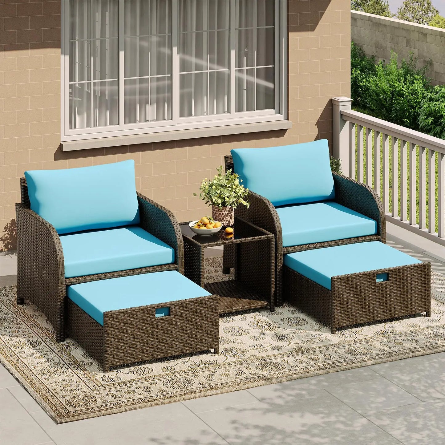 Gartenmoebel Set 5-Teilig Natur – Polyrattan Sitzgruppe mit Hocker, Kissen & Glastisch fuer Balkon, Terrasse & Garten