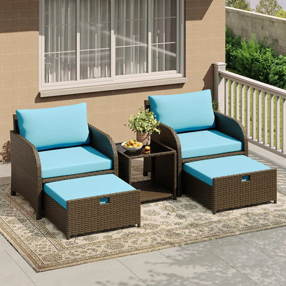 Gartenmoebel Set 5-Teilig Natur – Polyrattan Sitzgruppe mit Hocker, Kissen & Glastisch fuer Balkon, Terrasse & Garten