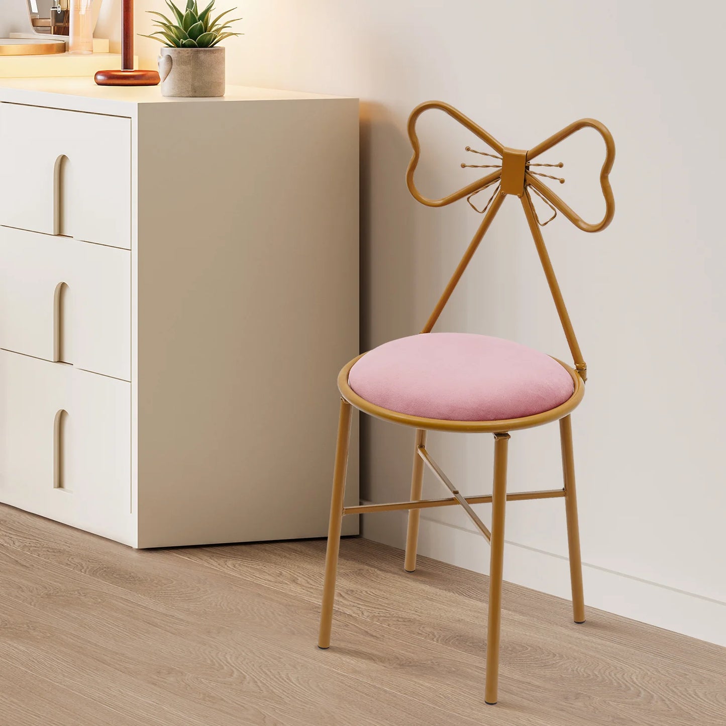 Schminktisch Stuhl Rosa mit Schmetterling Rückenlehne – Moderner Samt Kosmetikstuhl Gold