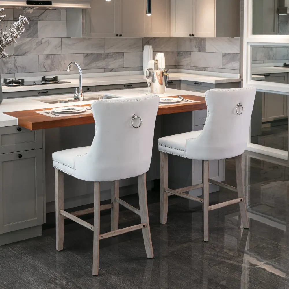 Moderne Samt Barhocker 2er Set mit Nietendekor – Elegante Tresenstühle aus Massivholz