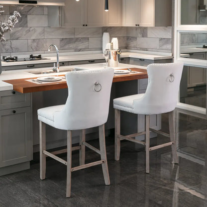 Moderne Samt Barhocker 2er Set mit Nietendekor – Elegante Tresenstühle aus Massivholz