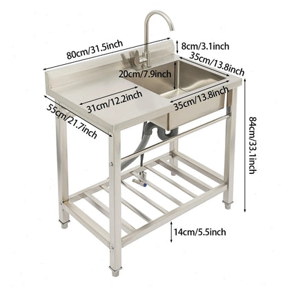 Edelstahl Spültisch 80x55cm mit Armatur – Freistehende Gastro Spüle mit Arbeitsfläche