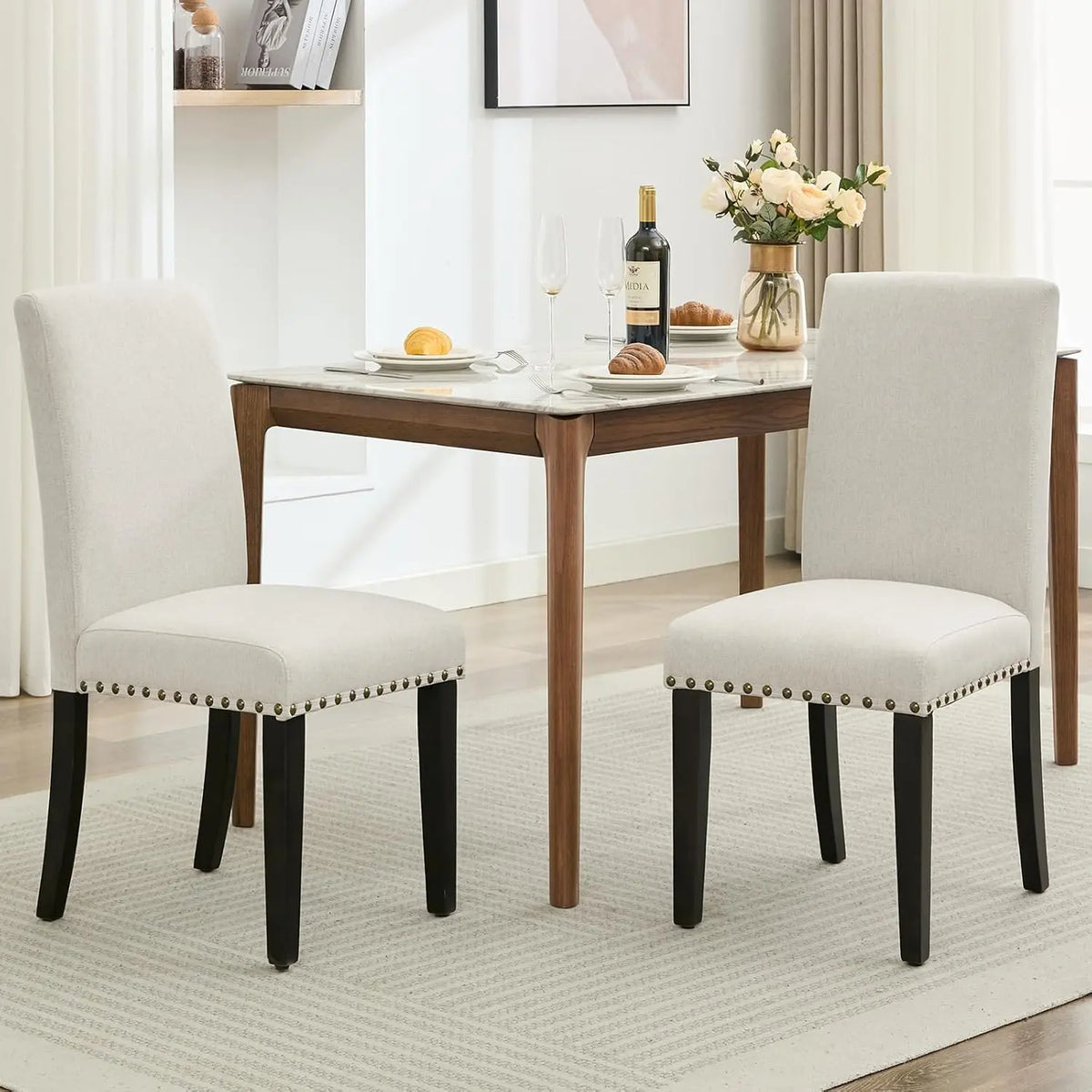 Esszimmerstuhl 2er Set Beige – Modernes Polsterstuhl Set mit Ergonomischer Rueckenlehne & Holzgestell