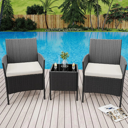 Balkonset 3-Teilig Schwarz – Wetterfeste Polyrattan Sitzgruppe mit Kissen & Glastisch fuer Balkon, Terrasse & Garten