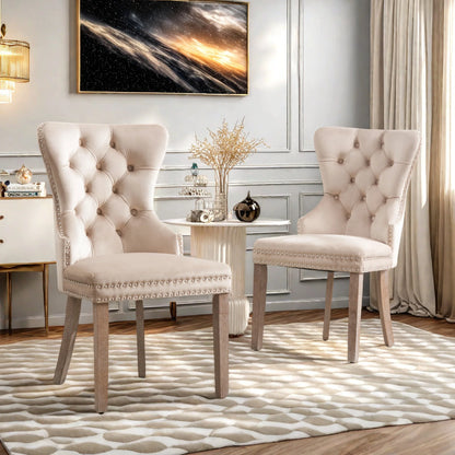 Esszimmerstuhl 2er Set Beige Samt – Elegantes Polsterstuhl Set mit Zugring & Silberknöpfen bis 150kg
