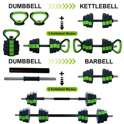4-in-1 Hantelset Verstellbar – Kurzhantel Kettlebell & Langhantel Set für Homegym