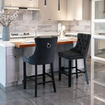 Moderne Samt Barhocker 2er Set mit Nietendekor – Elegante Tresenstühle aus Massivholz