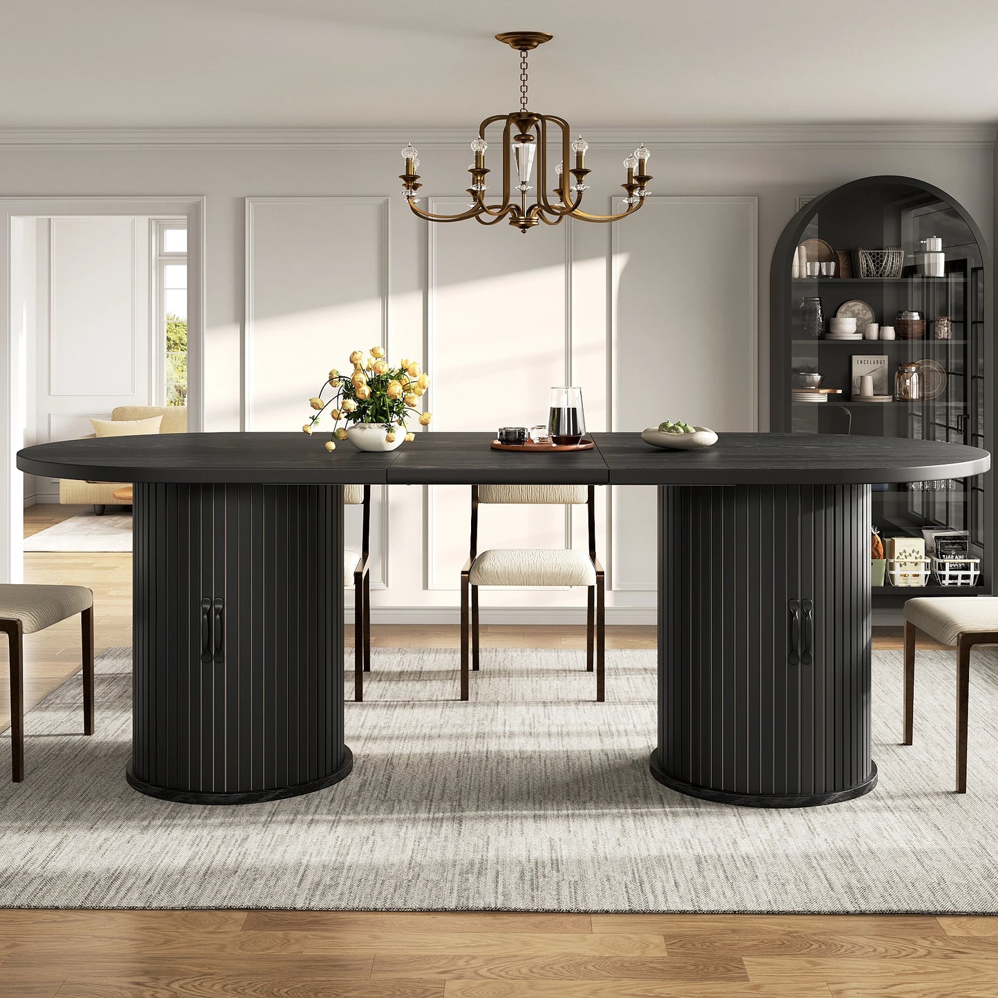 Ausziehbarer Esstisch Metallgestell Schwarz – Moderner Multifunktionstisch mit Staufach