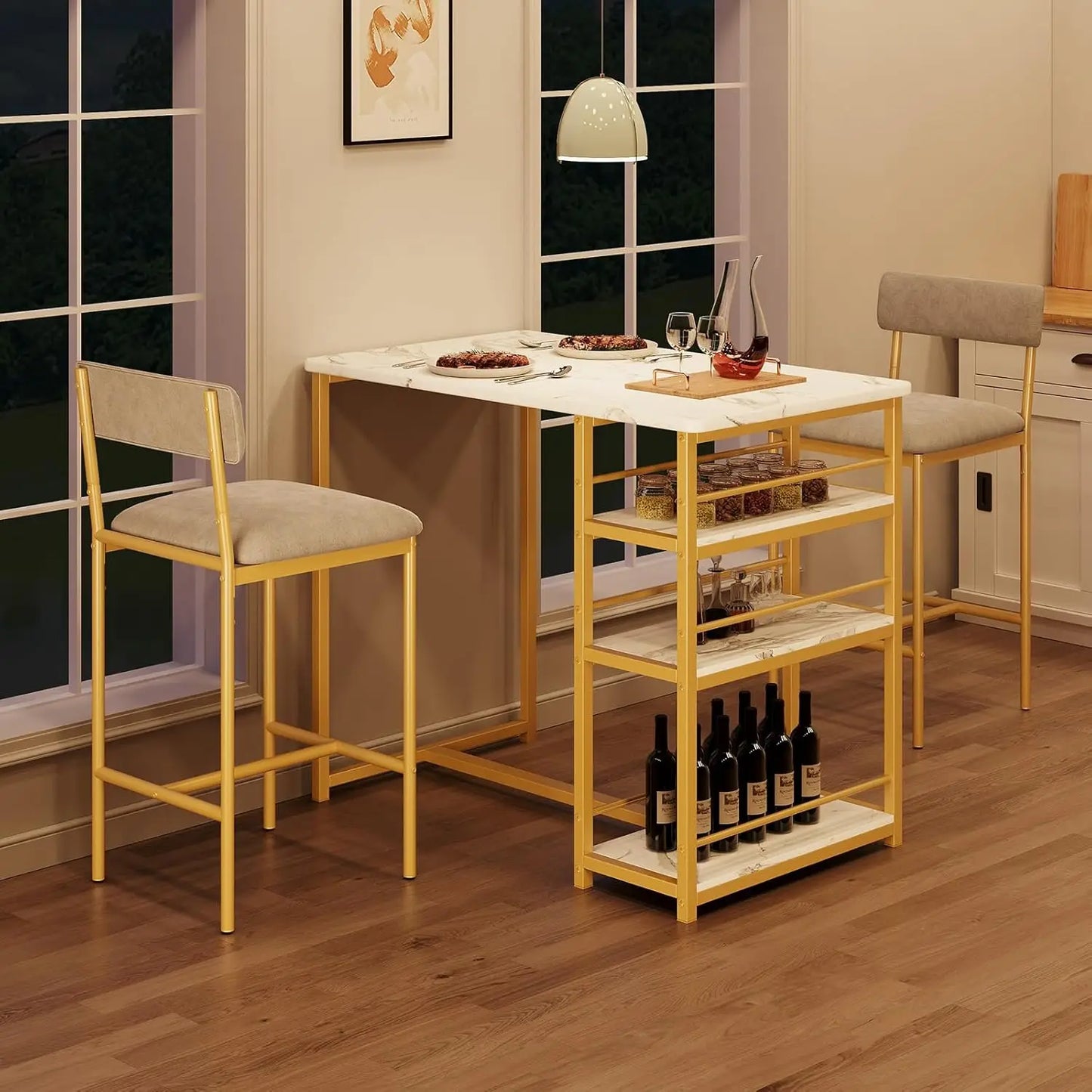 Modernes Stehtisch Set mit 2 Barhockern – Kompakte Esstisch Garnitur mit Regal für Küche
