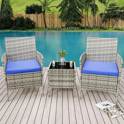 Balkonset 3-Teilig Schwarz – Wetterfeste Polyrattan Sitzgruppe mit Kissen & Glastisch fuer Balkon, Terrasse & Garten