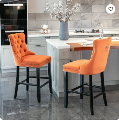 Moderne Samt Barhocker 2er Set mit Nietendekor – Elegante Tresenstühle aus Massivholz